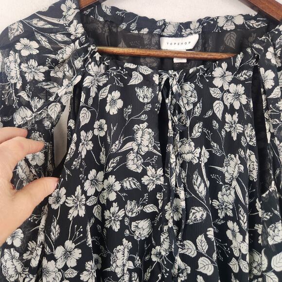 Topshop Dress Women’s Size 10 Black Floral Long Sleeve Mini Lined Sheer Boho EUC - Picture 12 of 16